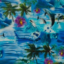 Blauwe poplin katoen met palmbomen en dolfijnen
